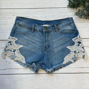 Ellison Crochet Frayed Denim Shorts